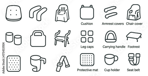 Car seat accessories outline icons set – cushion, cover, armrest, and protective gear