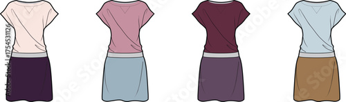 Collection of four women's short-sleeved dresses in various color combinations