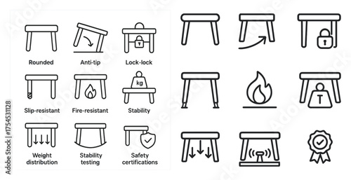 Chair and safety linear icons set - outline, furniture, protection design symbols