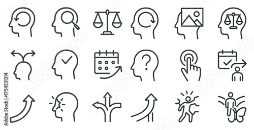Mental health and decision-making outline icons set – brain, psychology, cognitive symbols