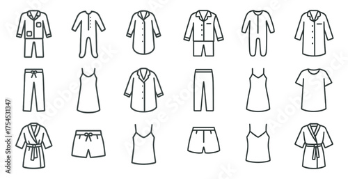 Sleepwear outline icons set – pajamas, nightgowns, bedtime fashion symbols