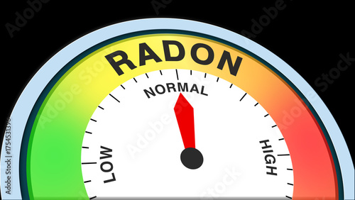 Plakat w ramie Radon Normal meter concept on black background representing balanced radioactive gas level, safe environment, and controlled exposure illustrated as a creative gauge showing moderate risk