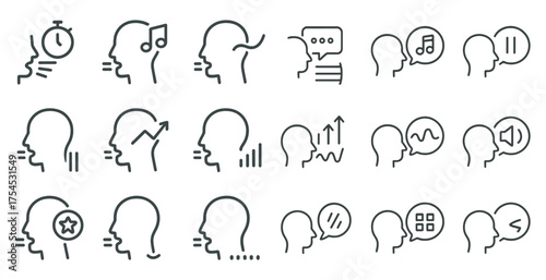 Voice and communication outline icons set – line, linear, audio and speech symbols