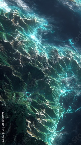 Stunning Aerial View of Vibrant Coastline with Lush Mountains and Mystical Waters Illuminated by Natural Light