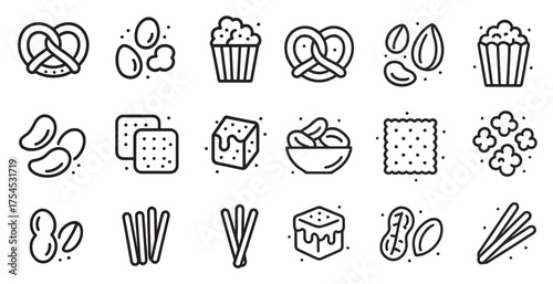 Snack and food outline icons set – linear, flat, treats and munchies designs