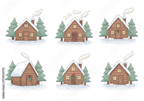 A set of 6 cute Christmas stickers featuring a cozy wooden winter cabin — small log cabin with Christmas wreath on the door, smoke coming from chimney, pine trees covered in snow, pastel tones