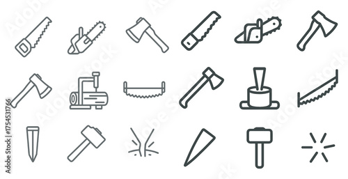 Woodworking line icons set – tools, carpentry, and crafting symbols