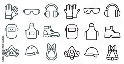 Safety equipment outline icons set – protective, workwear, construction symbols