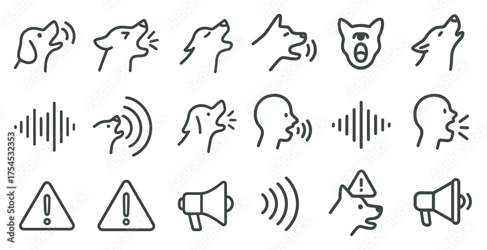 Fototapeta premium Animal communication line icons set – vocal sounds, alert symbols, outline