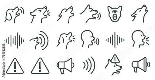 Animal communication line icons set – vocal sounds, alert symbols, outline