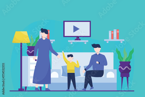 Happy Family Spending Time Together in Living Room – Flat Vector Illustration