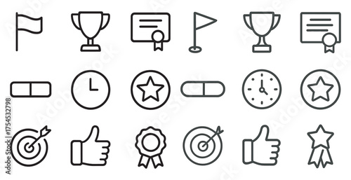 Award and achievement outline icons set – linear, line, recognition and success symbols