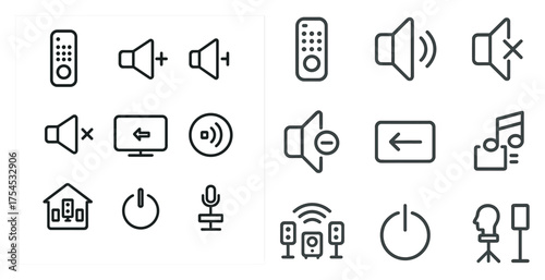 Audio and music line icons set – outline, flat, sound and speaker symbols