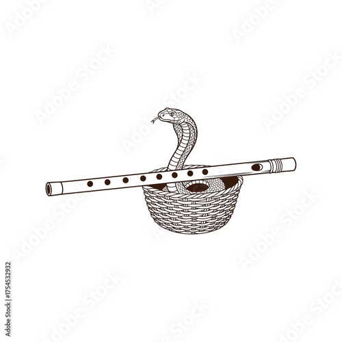 Traditional indian snake charmer flute and basket illustration vector