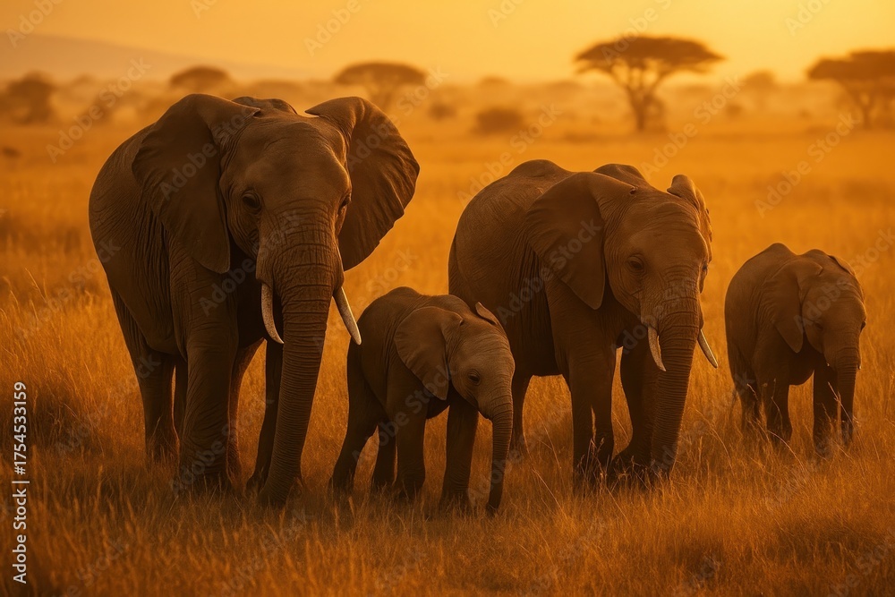Fototapeta premium Elephants roaming African savannah sunset