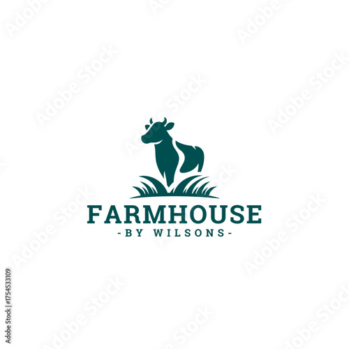Charming farmhouse logo featuring a stylized cow and lush grass, perfect for branding a rural business or adding a touch of rustic elegance to any design