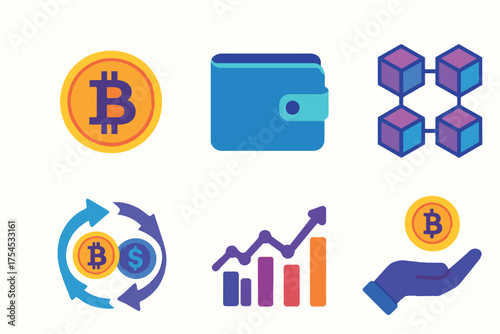 Collection of cryptocurrency and blockchain technology icons representing digital finance and investment