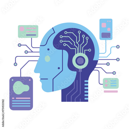 Artificial Intelligence Vector Illustration – Robot Head and Digital Brain