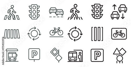 Traffic and transport outline icons set – linear, road, vehicle and travel symbols