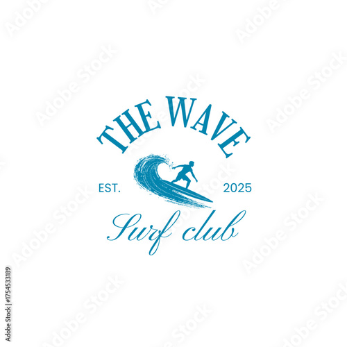 Join The Wave Surf Club logo showcasing a surfer riding a vibrant blue wave, perfect for coastal branding and beach lifestyle designs, conveying adventure