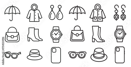 Fashion accessories outline icons set – linear, style, clothing and wearable symbols