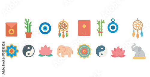 Asian culture flat icons set – filled, silhouette, cultural and spiritual symbols