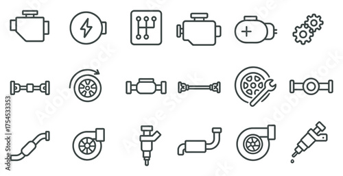 Automotive parts outline icons set – linear, car, mechanical symbols