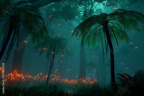 Enchanted Forest at Dusk with Glowing Plants and Lush Greenery Illuminated by Magical Light Effects