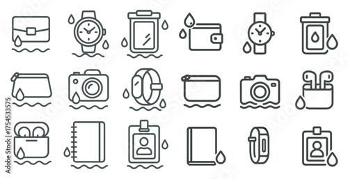Weatherproof gadgets outline icons set – water-resistant, electronic, protection symbols