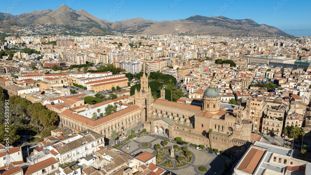 Obraz premium Aerial view of Palermo Cathedral. It is the cathedral church of the Roman Catholic Archdiocese of Palermo, located in Sicily, southern Italy. It is dedicated to the Assumption of the Virgin Mary.