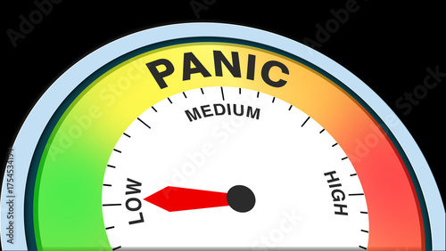 Panic Low meter concept on black background representing minimal panic, low anxiety, and calm conditions illustrated as a creative gauge showing weak fear and stress