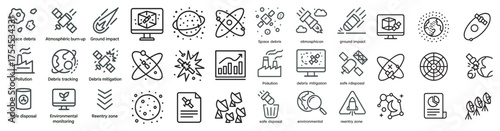 Space debris outline icons set – solid, linear, environmental and pollution symbols