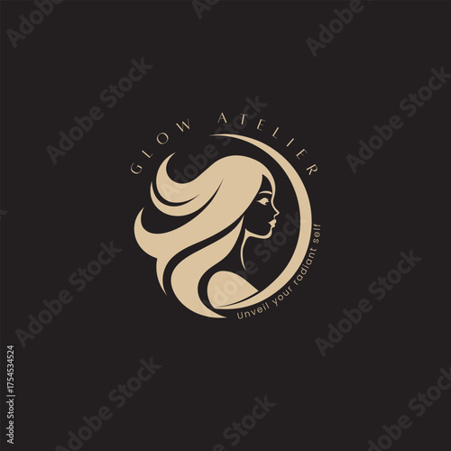 Elegant beauty salon logo design with a woman's profile and flowing hair, perfect for a sophisticated brand identity and modern aesthetic appeal