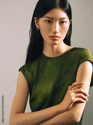 Elegant woman in green top with minimal styling poses gracefully in a modern studio environment.