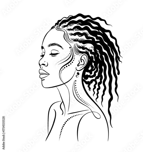 Hand-drawn abstract fashion illustration of imaginary  afro model with dreadlocks hairstyle
