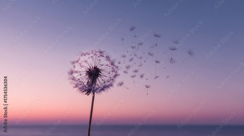 Fototapeta premium Dandelion seed head with dispersing seeds against a pastel sky backdrop