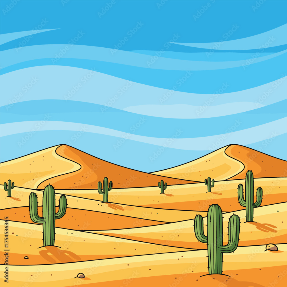Fototapeta premium Pixel art desert landscape with cacti and sand dunes under a blue sky.