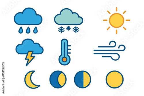 Collection of colorful weather icons representing rain snow lightning sun thermometer wind and moon phases