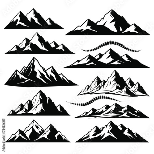 Illustrations of majestic snow-capped mountain peaks in silhouette.