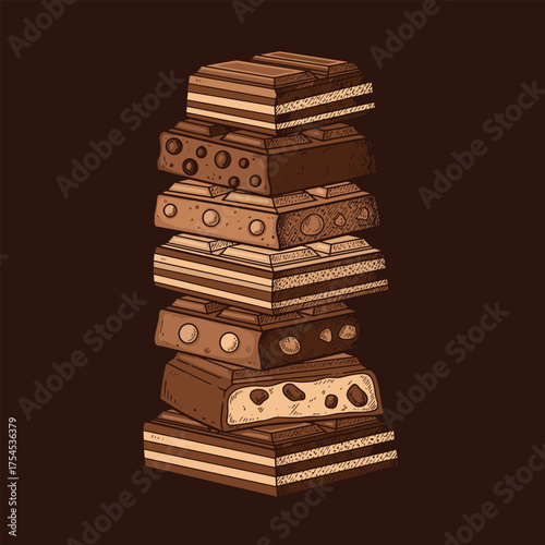 A delicious stack of homemade chocolate baked goods and pastries.