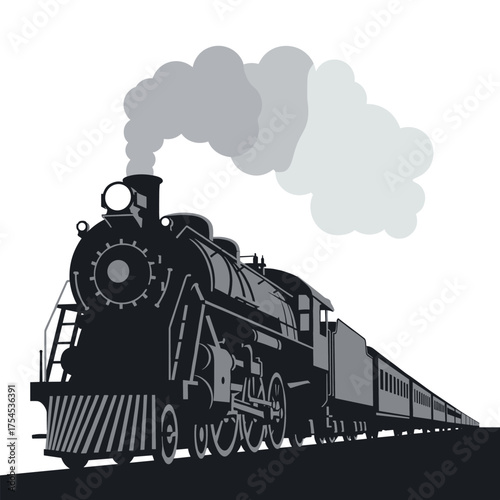 A vintage steam train travels along the tracks emitting smoke.