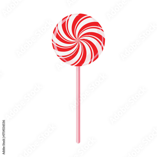 A red and white swirled lollipop on a pink stick.