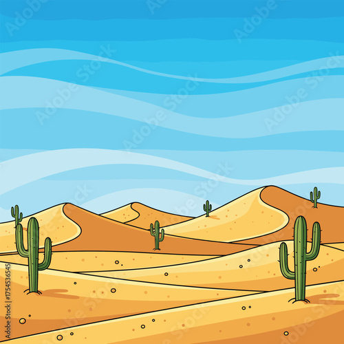 A pixel art landscape of a desert with rolling sand dunes and cacti under a bright blue sky.