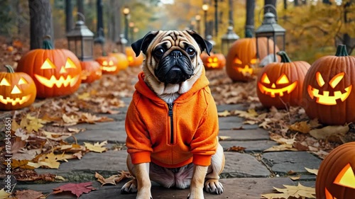 Pug in orange hoodie sitting among carved pumpkins in autumn park with blurred foliage in background. Halloween theme with festive decorations