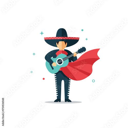 A mariachi musician in traditional attire plays his guitar.