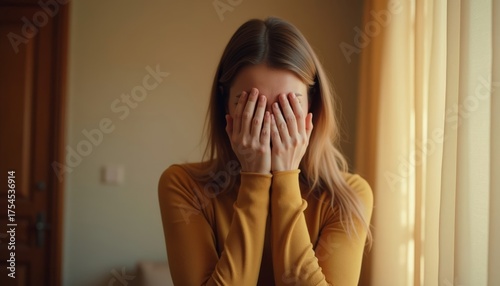 Young woman covering her face with hands in a room