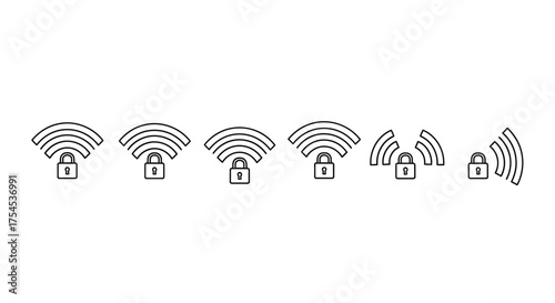 Wireless security line icons set isolated on white background vector illustration