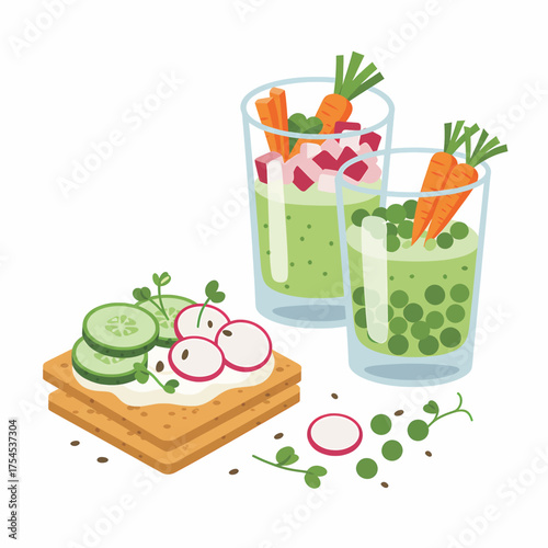 Flat Style Healthy Snack Food with Vegetables and Cream Cheese Toast