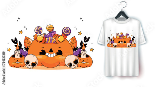 Halloween t-shirt design with pumpkin candy bucket 