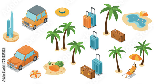 Isometric summer travel elements with palm trees and luggage in tropical beach setting